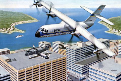 Das Kippflügelprojekt Bo 140 von Messerschmitt-Bölkow-Blohm sollte von vier Turboprop-Motoren angetrieben und von kleinen, inmitten der Innenstädte gelegenen Flugplätzen aus eingesetzt werden. Bild: Airbus Group Corporate Heritage