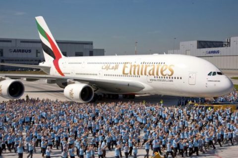 Die Erstauslieferung des A380 an Emirates in Hamburg 2008. Bild: Emirates