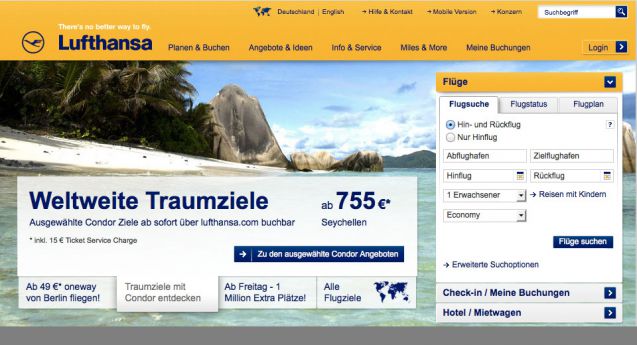 Auch die Lufthansa liebt jetzt Fliegen: Condor Flüge sind auf lufthansa.com buchbar.