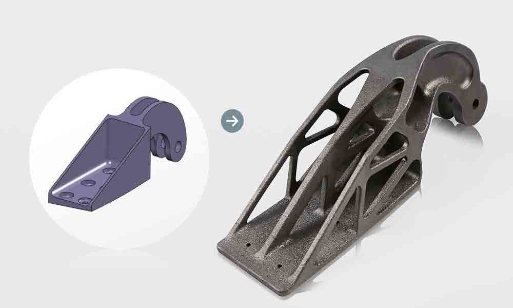 Herkömmliches Design des im Gussverfahren gefertigten Landeklappenscharniers aus Stahl (links) und Topologie-optimiertes Design des lasergesinterten Landeklappenscharniers aus Titan (rechts). Foto: Airbus Group Innovations