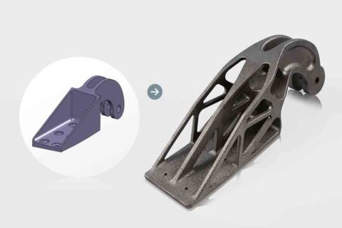 Herkömmliches Design des im Gussverfahren gefertigten Landeklappenscharniers aus Stahl (links) und Topologie-optimiertes Design des lasergesinterten Landeklappenscharniers aus Titan (rechts). Foto: Airbus Group Innovations