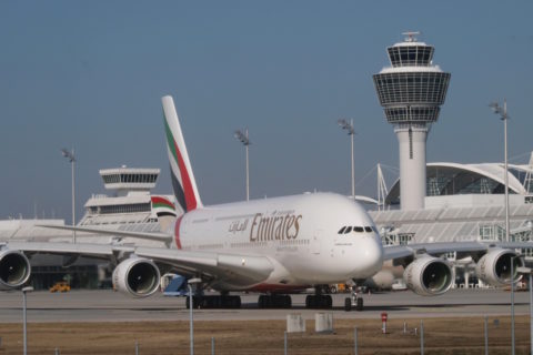 Emirates fliegt zweimal täglich mit Jets des Typs Airbus A380 ab München. Bild: Flughafen München
