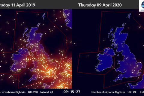 Flugverkehr über Großbritannien und Irland vor einem Jahr (l.) und heute (r.)