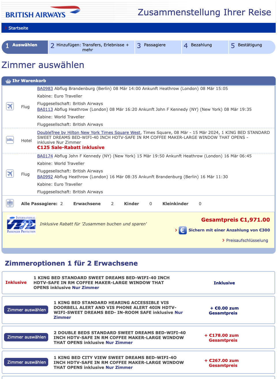 Das Angebot inklusive 125 Euro Rabatt schneidet im Testzeitraum vom 8. bis 15. März für zwei Personen deutlich besser ab. Bild: Screenshot British Airways