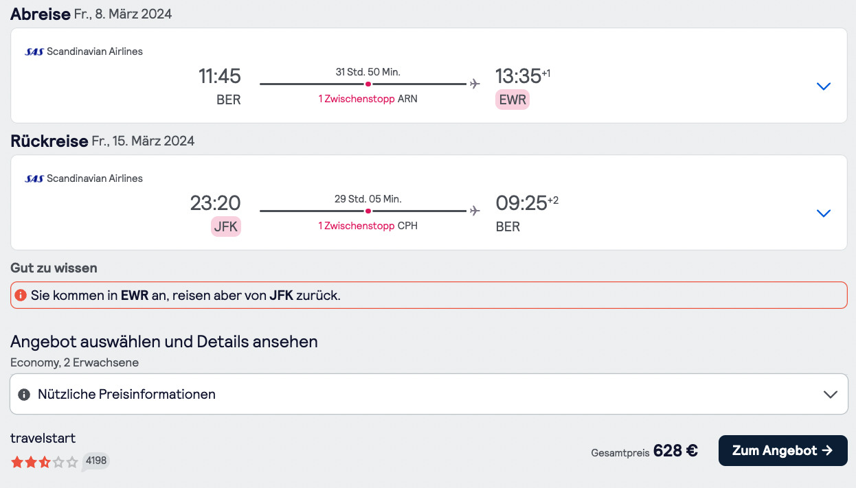Die Flüge sind zwar augenscheinlich günstig, doch bieten deutlich weniger Komfort als der kurze Umstieg bei British Airways. Bild: Screenshot British Airways