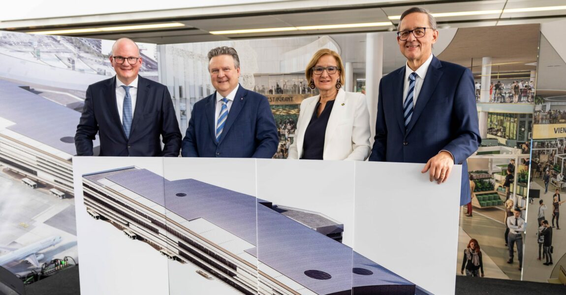 Flughafen-Wien-CEO Julian Jäger, der Wiener Bürgermeister Dr. Michael Ludwig, die Landeshauptfrau Niederösterreichs Johanna Mikl-Leitner und Flughafen-Wien-Vorstand Dr. Günther Ofner feierten heute den Startschuss für die Bauphase der Terminalerweiterung.