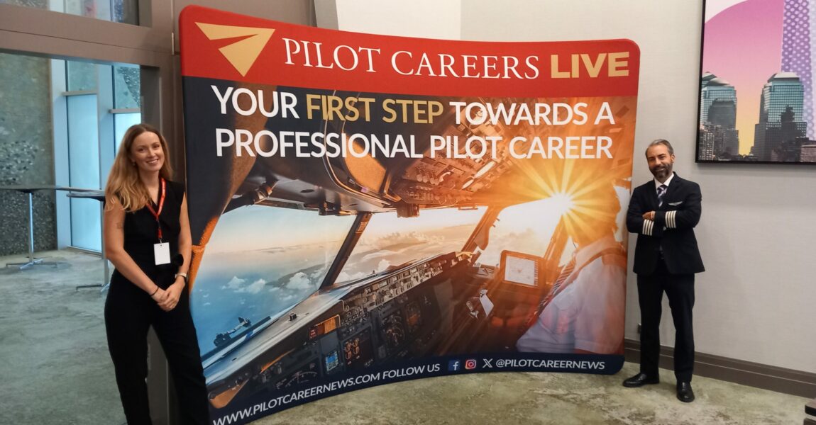 Roberta Gürkan, Wizz Air Cadet Program Marketing Manager und Saverio Gianotti, A320-Kapitän der Airline, stellten auf der PCL das Ausbildungsprogramm von Wizz Air in Kooperation mit der italienischen Flugschule Urbe Aero Flight Academy vor.