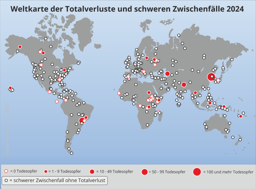 Flugsicherheitsbilanz 2024: Weltkarte der Totalverluste und schweren Zwischenfälle.