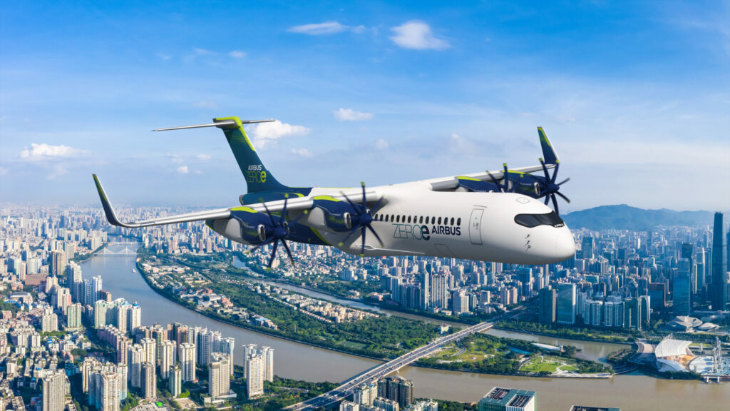 So, oder ähnlich, könnte ein künftiges Airbus-ZEROe-Flugzeug mit einem Wasserstoff-Brennstoffzellen-Elektroantrieb aussehen. Diese Computergrafik zeigt einen aktuellen Entwurf aus dem März 2025.