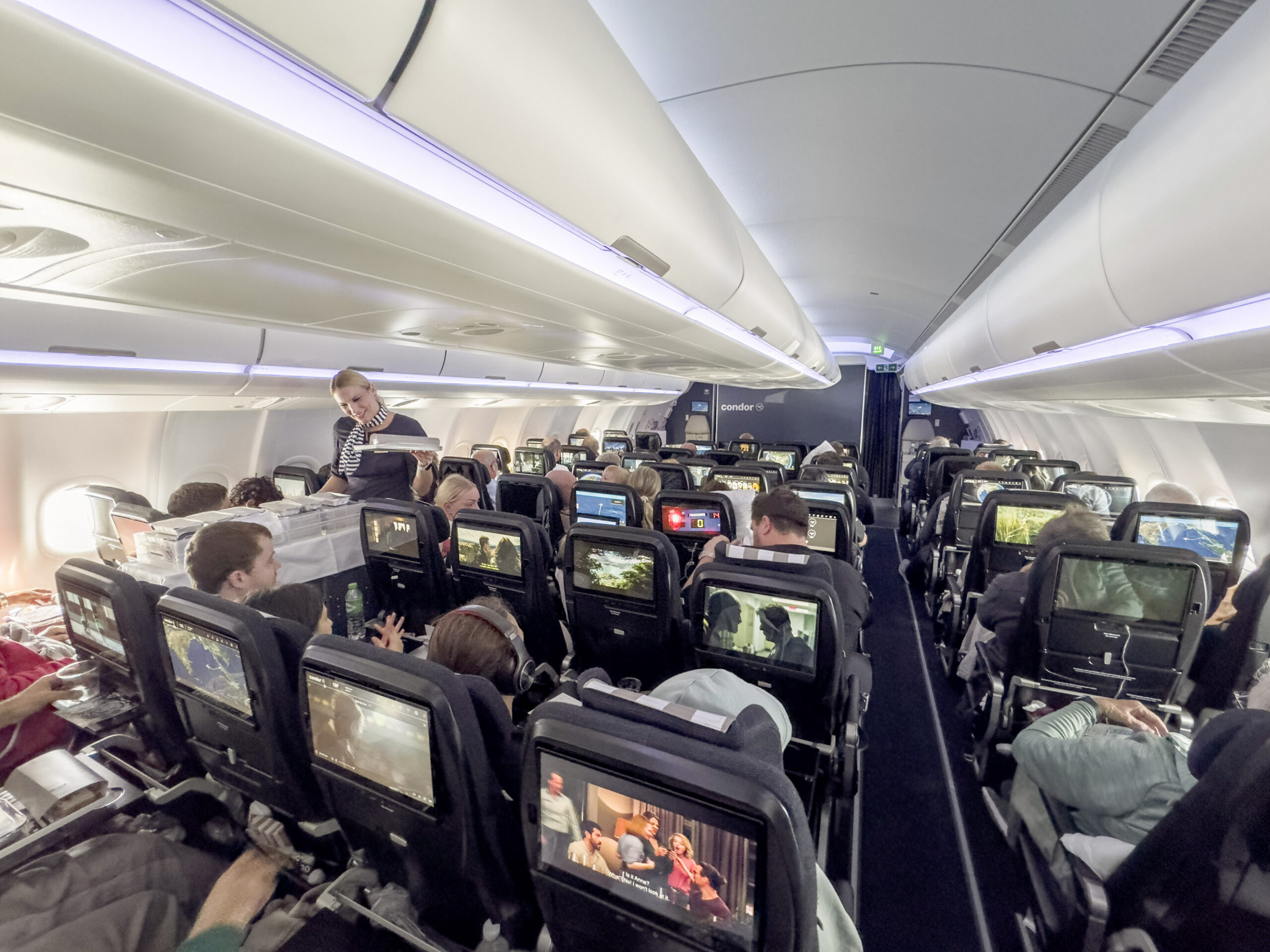 Auf Flug DE 2369 waren lediglich fünf der 216 Economy-Class-Plätze unbesetzt. Bild: Dietmar Plath