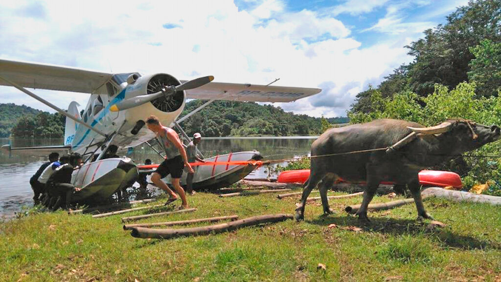 Ein Büffel und mehrere Menschen ziehen ein Wasserflugzeug aus dem Wasser
