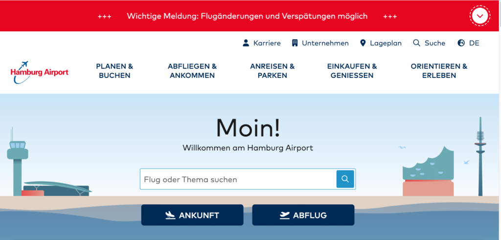 Screenshot Der Homepage des Hamburger Flughafens.
