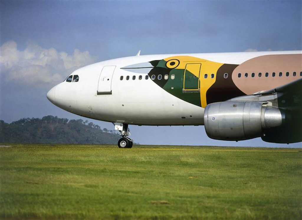 Vorderer Teil eines Air Niugini Airbus mit Paradiesvogel-Sonderbemalung