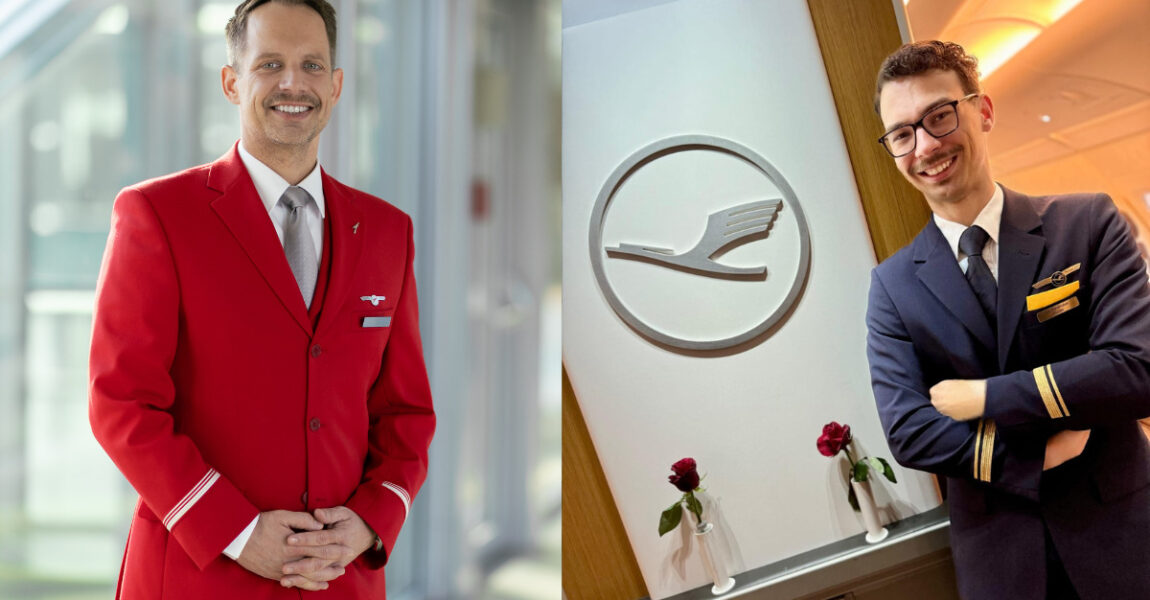 Lieben das Fliegen: Robert Hofmann (l.) ist Flugbegleiter bei Austrian Airlines, Manfred Samhuber (r.) ist Flugbegleiter bei der Lufthansa.