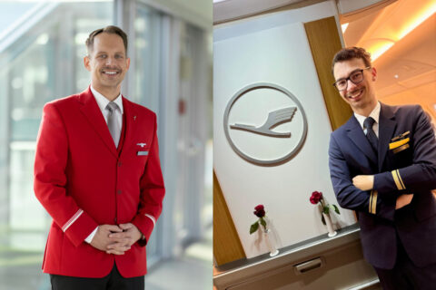 Lieben das Fliegen: Robert Hofmann (l.) ist Flugbegleiter bei Austrian Airlines, Manfred Samhuber (r.) ist Flugbegleiter bei der Lufthansa.