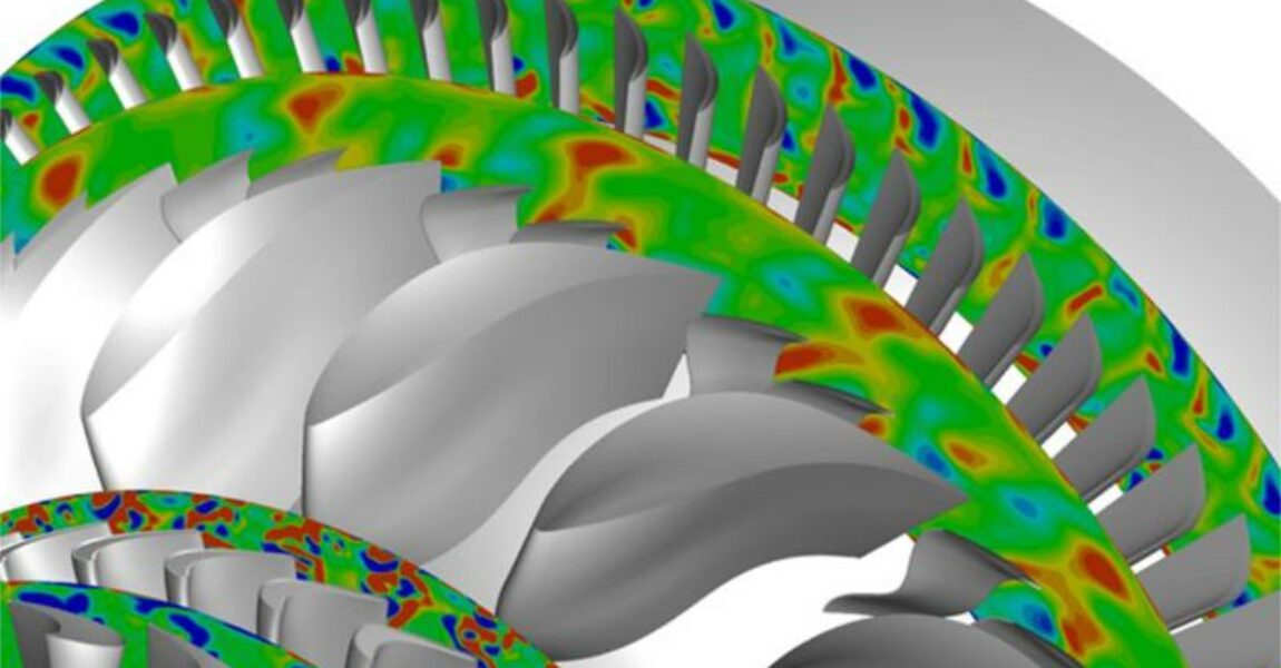 Computersimulation der Strömung in einem Triebwerk.