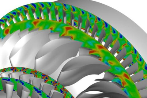 Computersimulation der Strömung in einem Triebwerk.