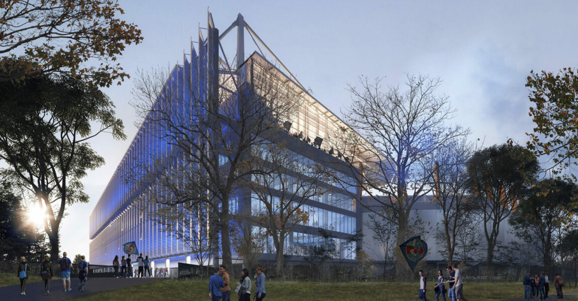 Ausgediente Airbus-A340-Rumpfsegmente dienen in Straßburg als großflächige Sonnensegel über der neuen Südtribüne des Stade de la Meinau.