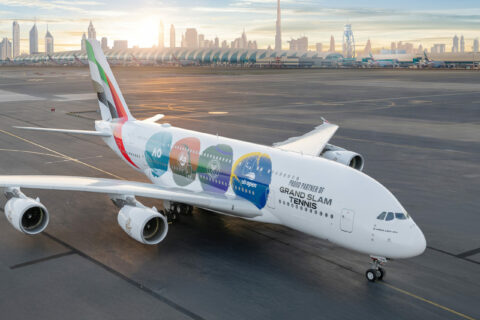 Alle vier Grand Slam Turniere zieren eine A380 von Emirates.