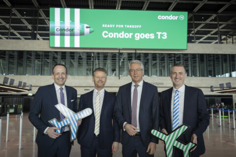 Dr. Pierre Dominique Prümm, CTO Fraport, Peter Gerber, CEO Condor, Dr. Stefan Schulte, CEO Fraport, Christian Schmitt, COO Condor.